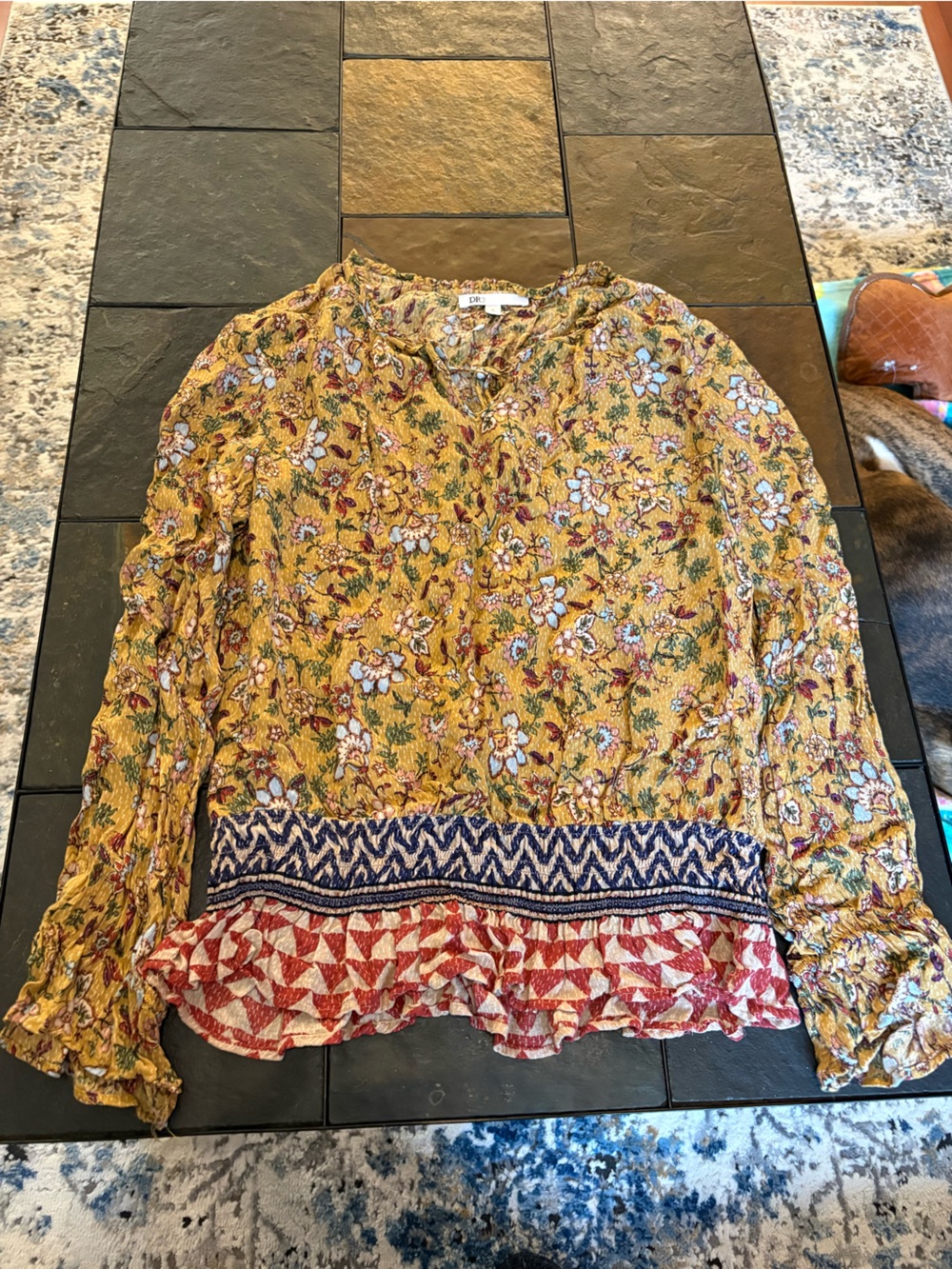 DR2 Mustard Floral Off-Shoulder Smocked Tunic with Red and Blue Trim